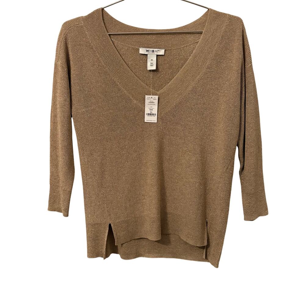 White House Black Market WHBM NEW Gold Metallic V Neck 3/4 Sleeve Sweater XS